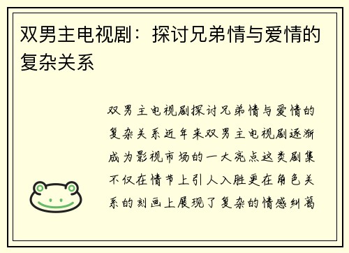 双男主电视剧:探讨兄弟情与爱情的复杂关系